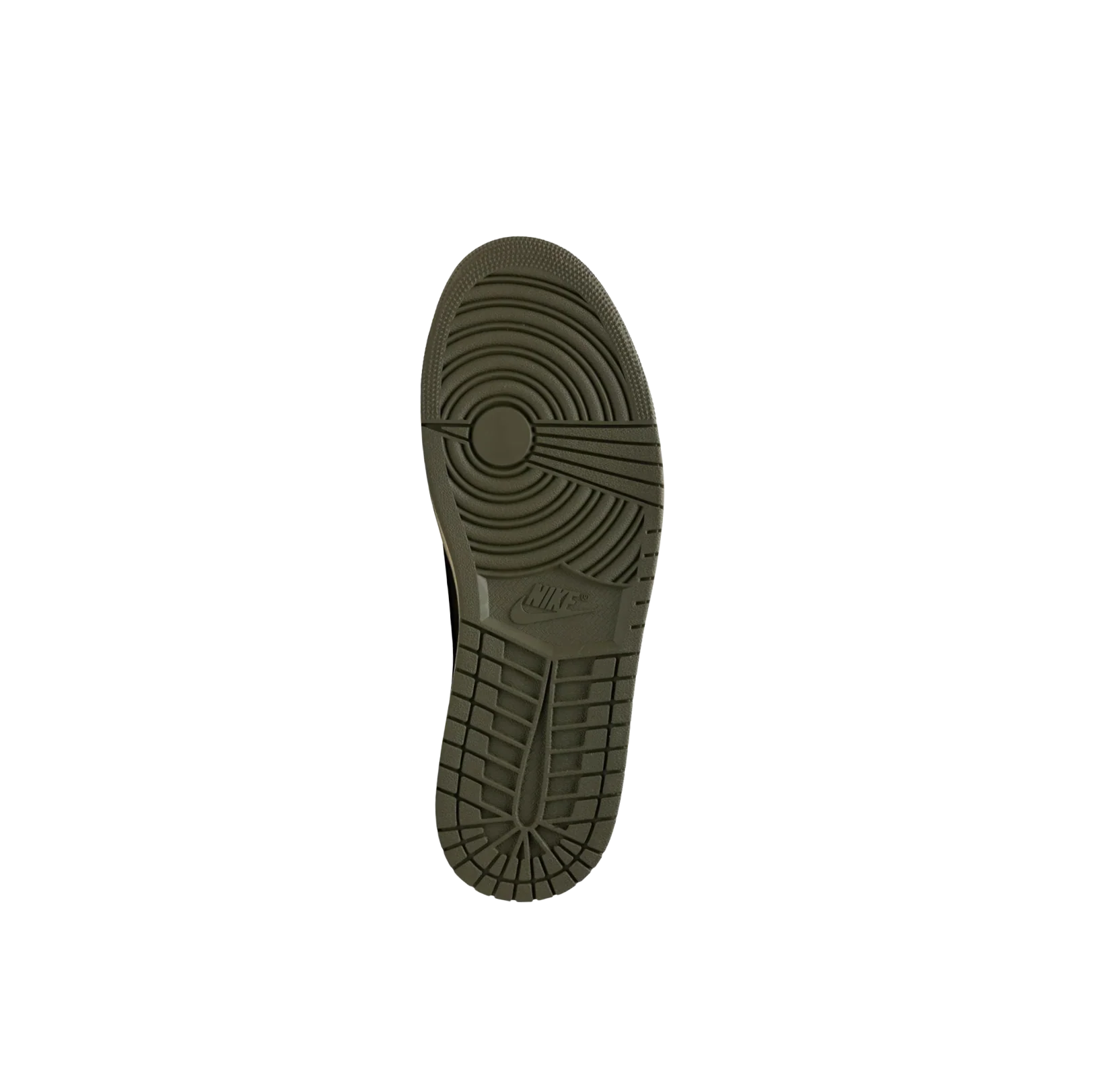 Jordan 1 Travis Scott Medium Olive – vue semelle extérieure en gomme antidérapante avec logo Nike pour une adhérence optimale