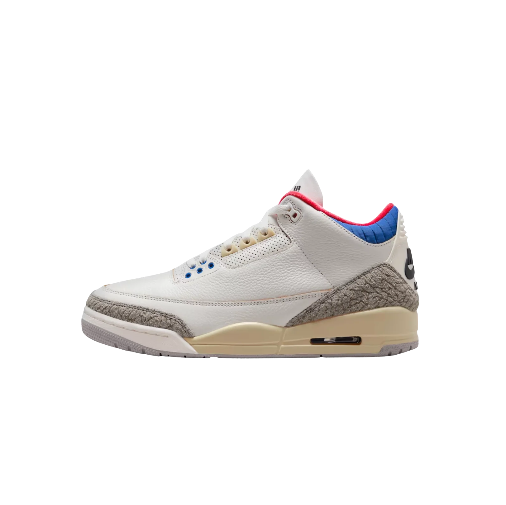 Jordan 3 Retro Seoul 2.0 – vue latérale opposée des baskets en cuir blanc avec détails Elephant print et semelle beige