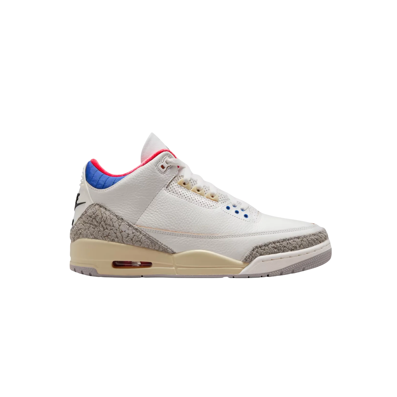 Jordan 3 Retro Seoul 2.0 – vue latérale des baskets en cuir blanc avec détails Elephant print et semelle beige
