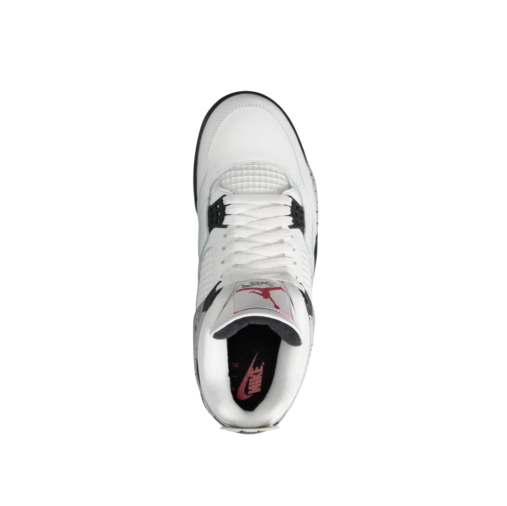 Jordan 4 OG White Cement – vue dessus montrant le laçage blanc, la languette Jumpman rouge et la doublure noire.  
