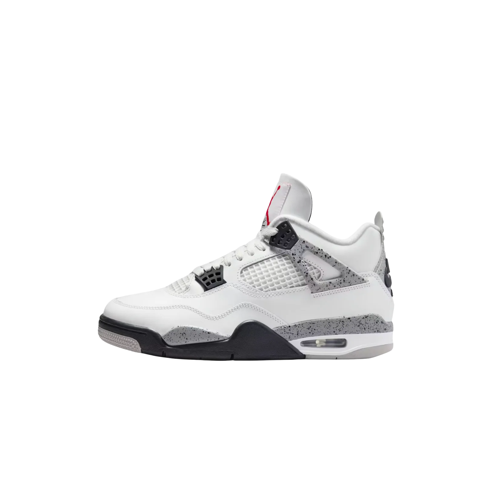 Jordan 4 OG White Cement – vue latérale opposée des baskets en cuir blanc, midsole mouchetée et talon Nike Air.