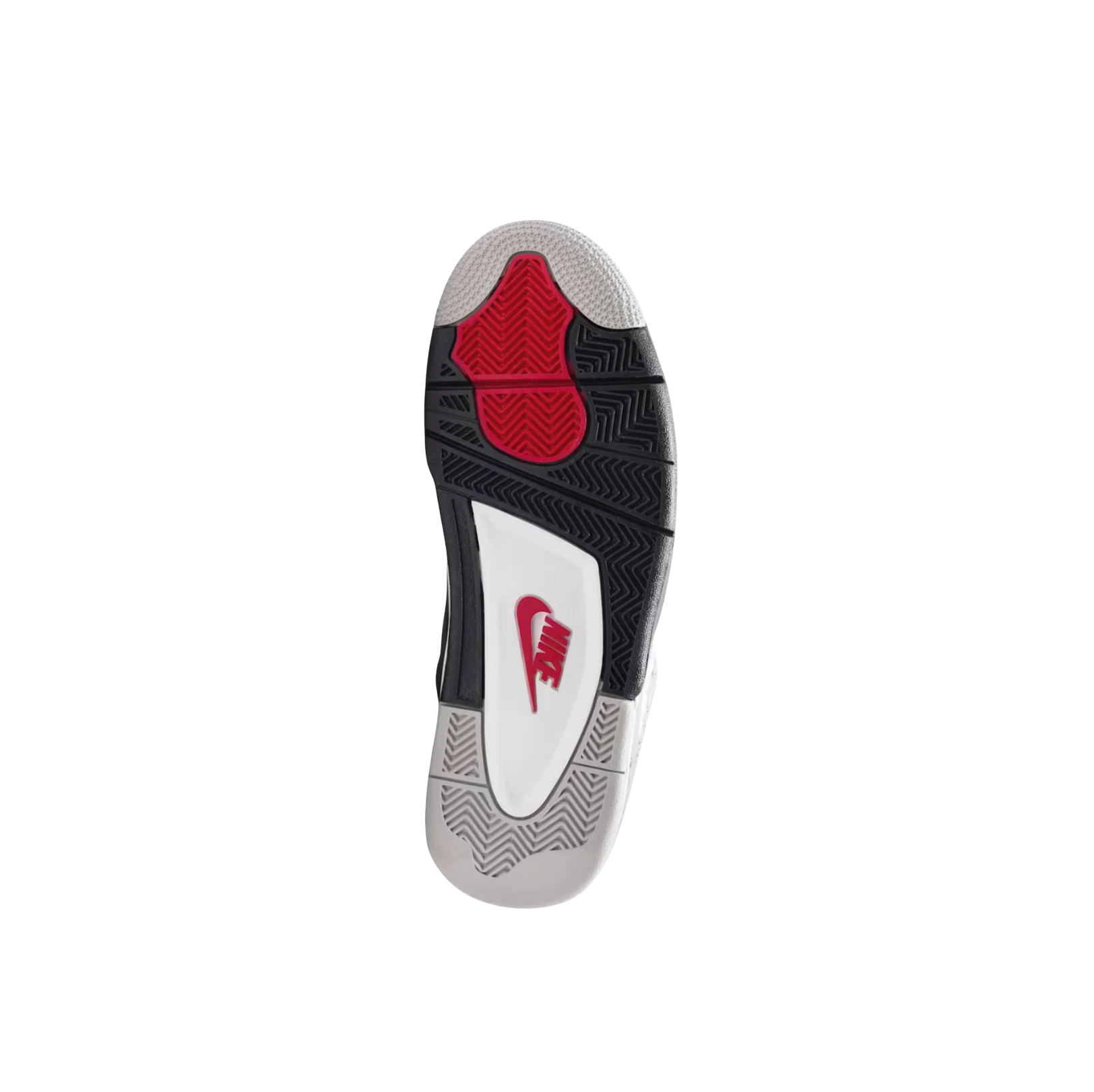 jordan 4 OG White Cement – vue semelle avec motif adhérent gris, noir et insert rouge Nike pour une traction optimale.