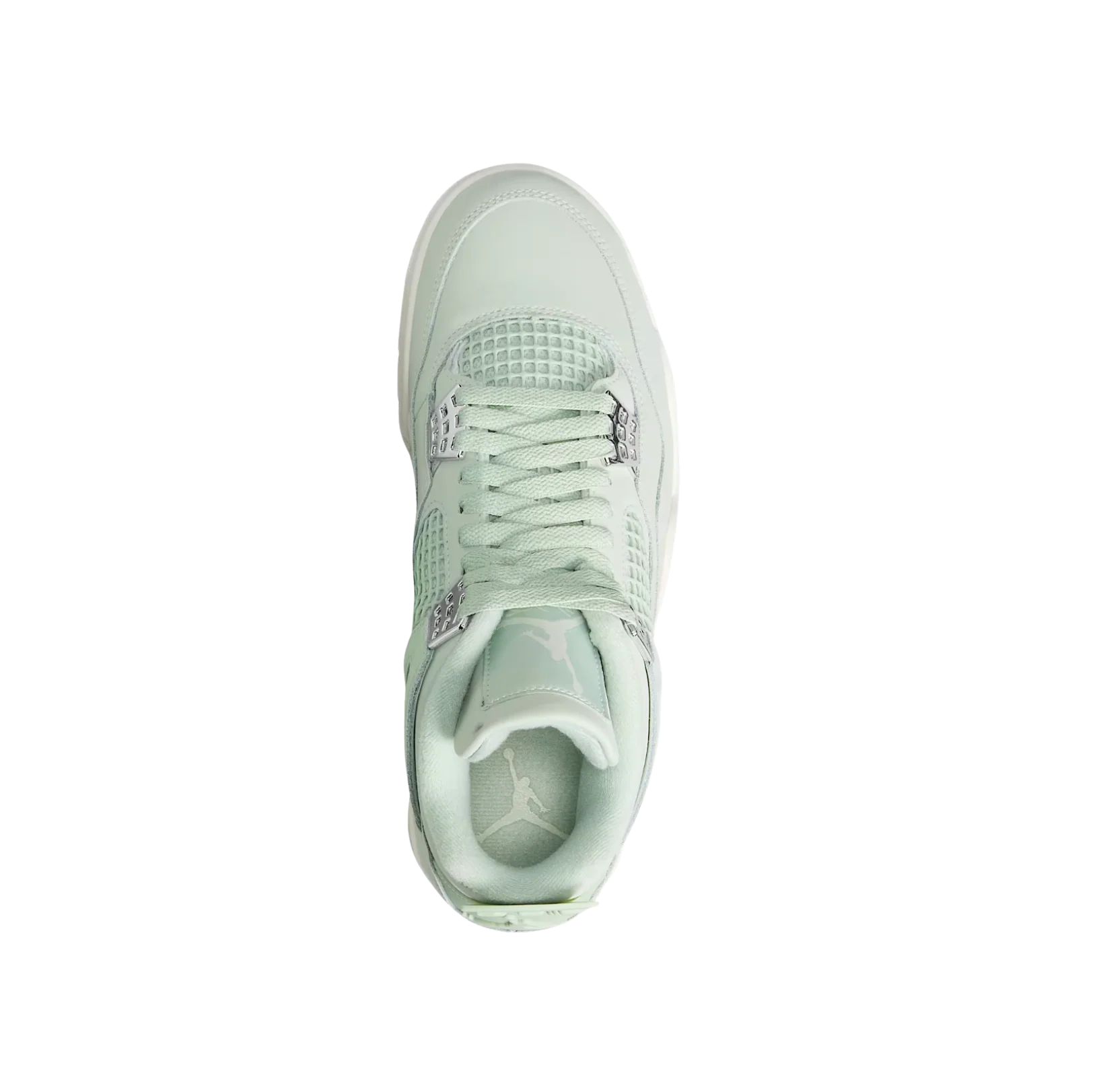 Air Jordan 4 Retro Seafoam – vue du dessus avec laçage classique, mesh ajouré et doublure textile