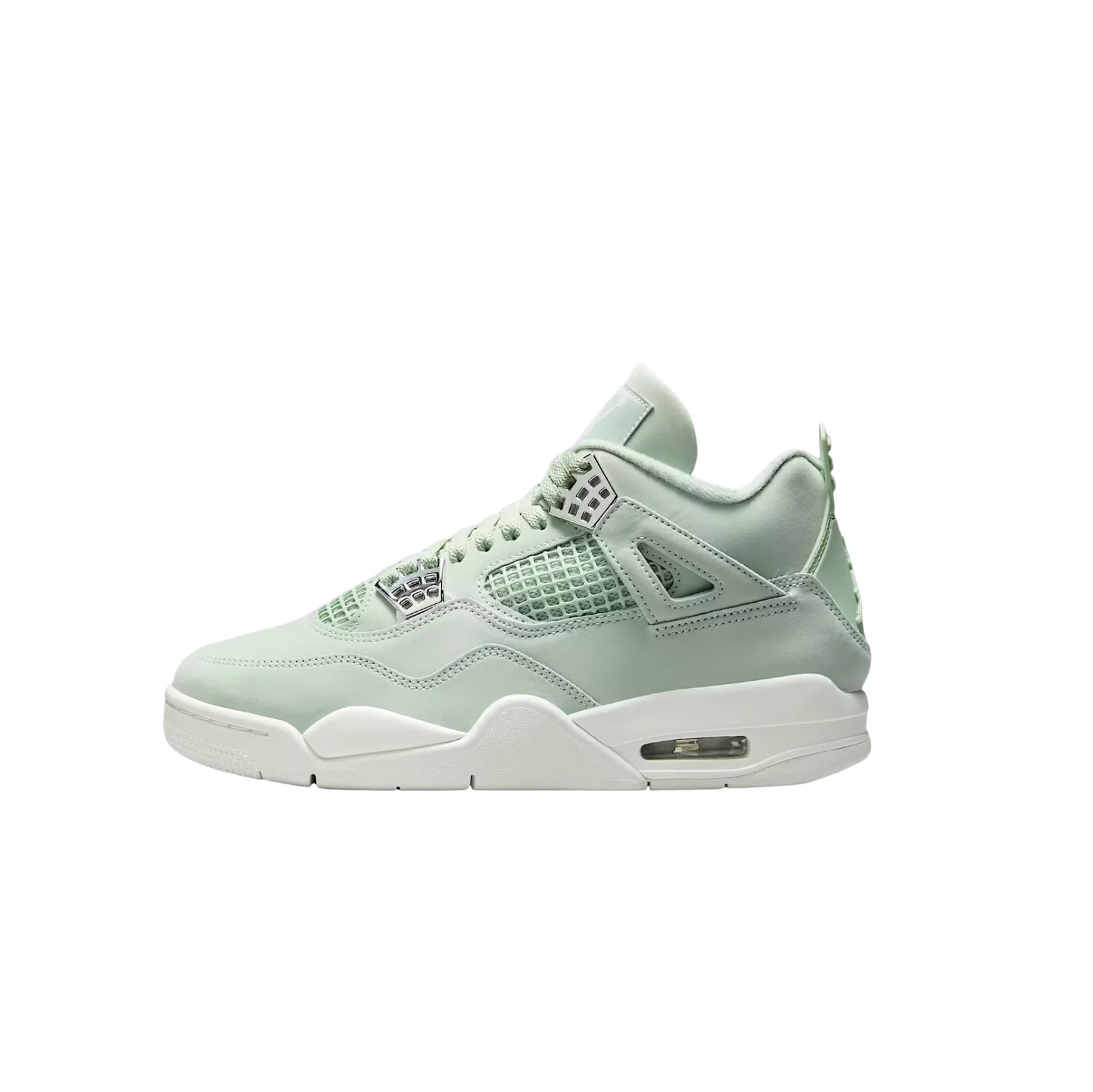 Air Jordan 4 Retro Seafoam – vue latérale opposée des baskets en cuir Seafoam avec unité Air visible