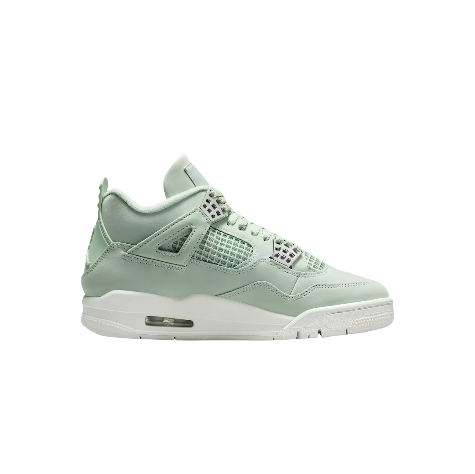 Jordan 4 Retro Seafoam – vue latérale des baskets en cuir enduit avec cage AJ4 signature et semelle blanche