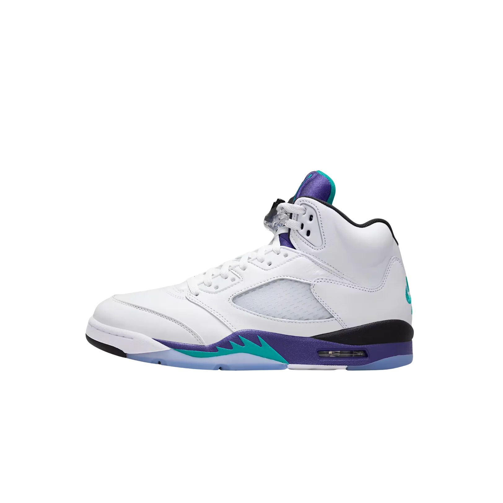 Jordan 5 OG Grape – vue latérale opposée des baskets rétro en cuir lisse avec accents New Emerald et amorti Nike Air apparent