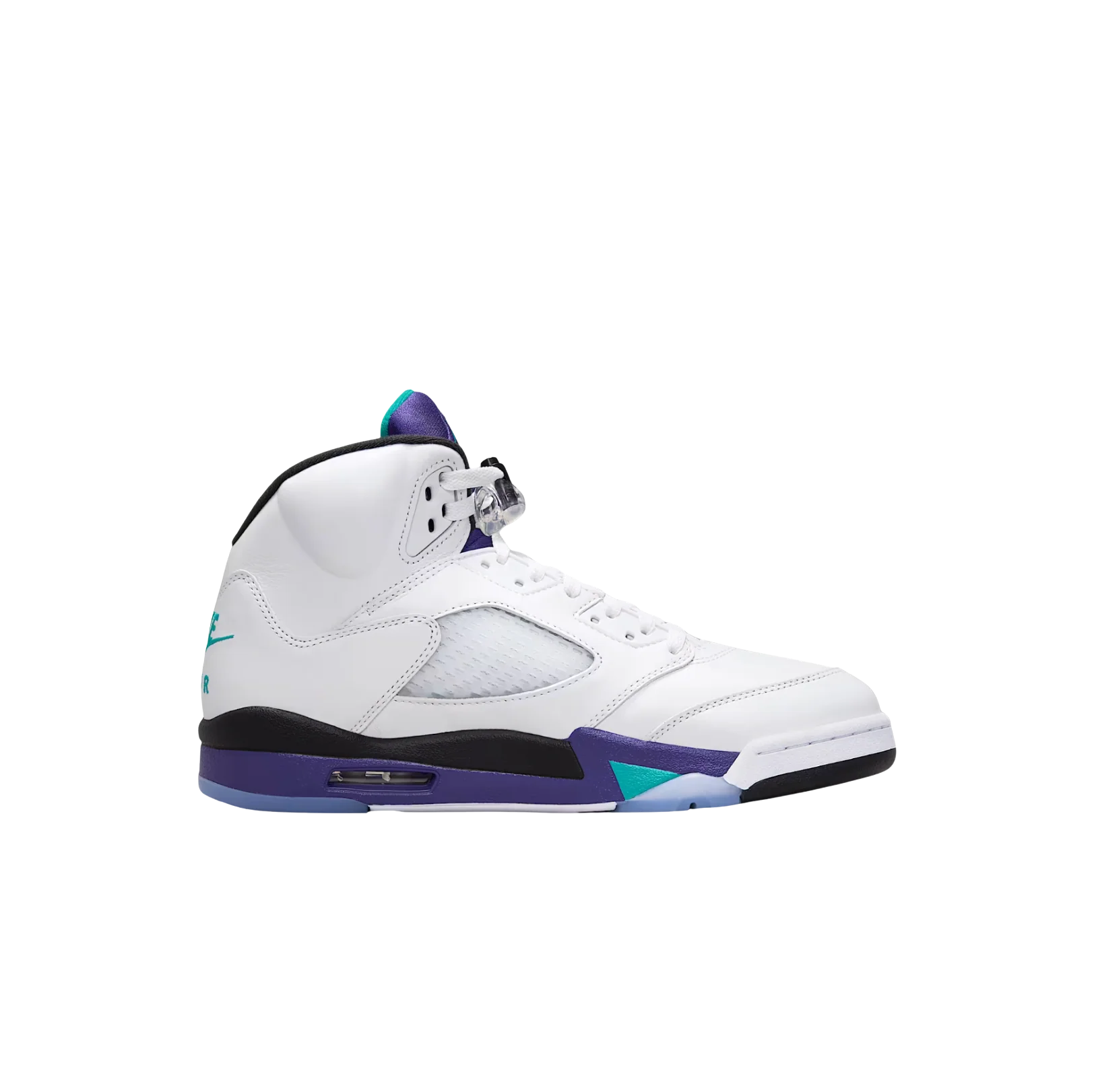 Jordan 5 OG Grape – vue latérale des baskets rétro en cuir blanc avec détails Grape Ice et semelle amortie Nike Air