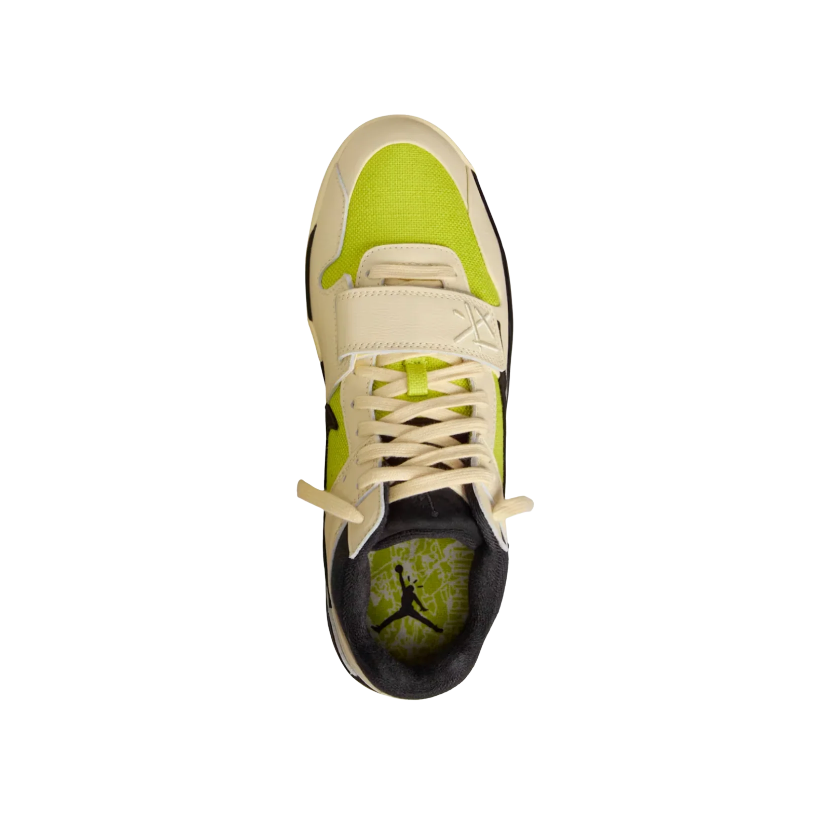 Jordan 1 Travis Scott Bright Cactus – vue-dessus des baskets en toile Bright Cactus avec swoosh noir et empiècements crème