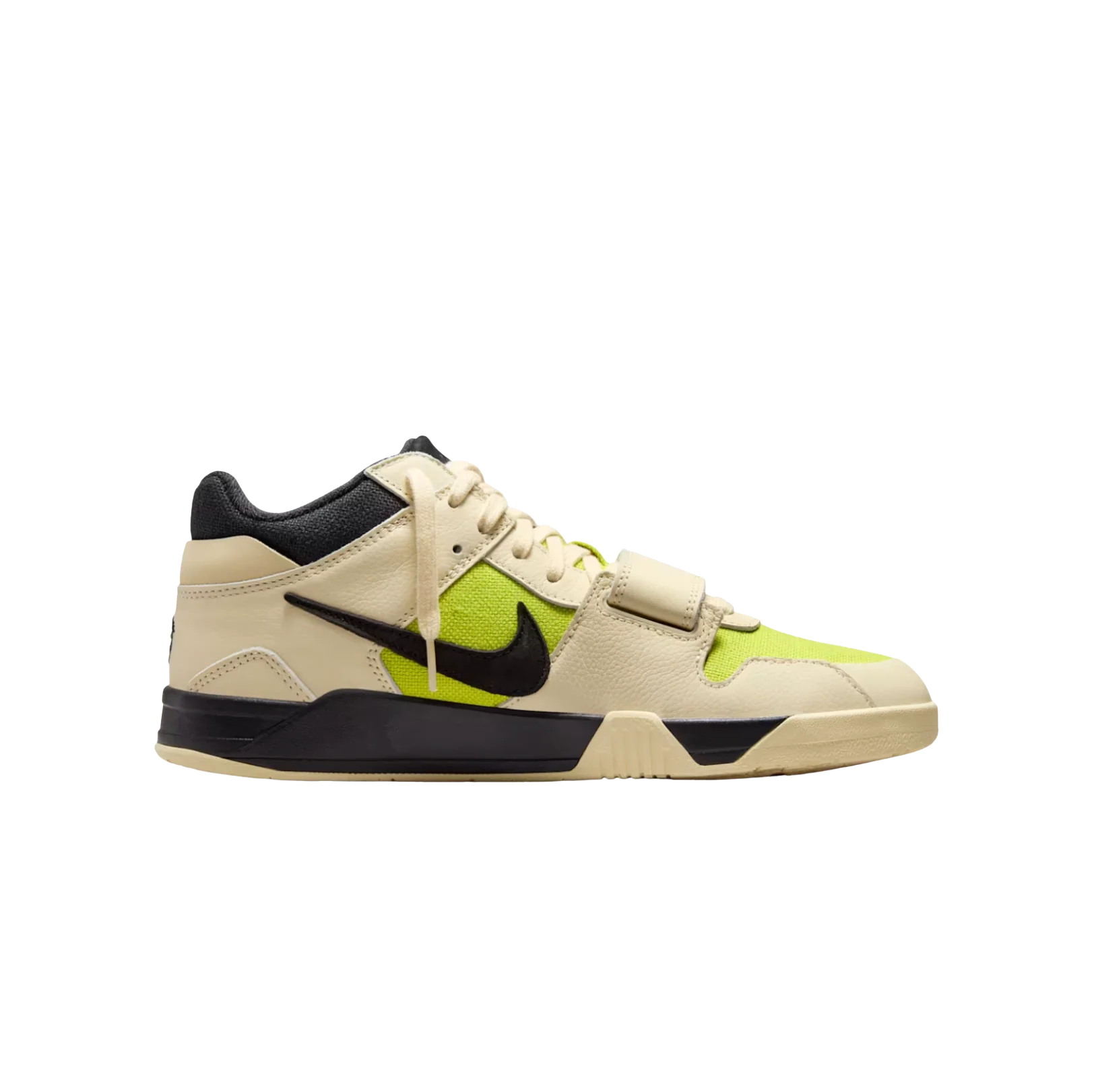 Jordan 1 Travis Scott Bright Cactus – vue latérale des baskets en cuir et toile avec swoosh inversé et semelle gomme