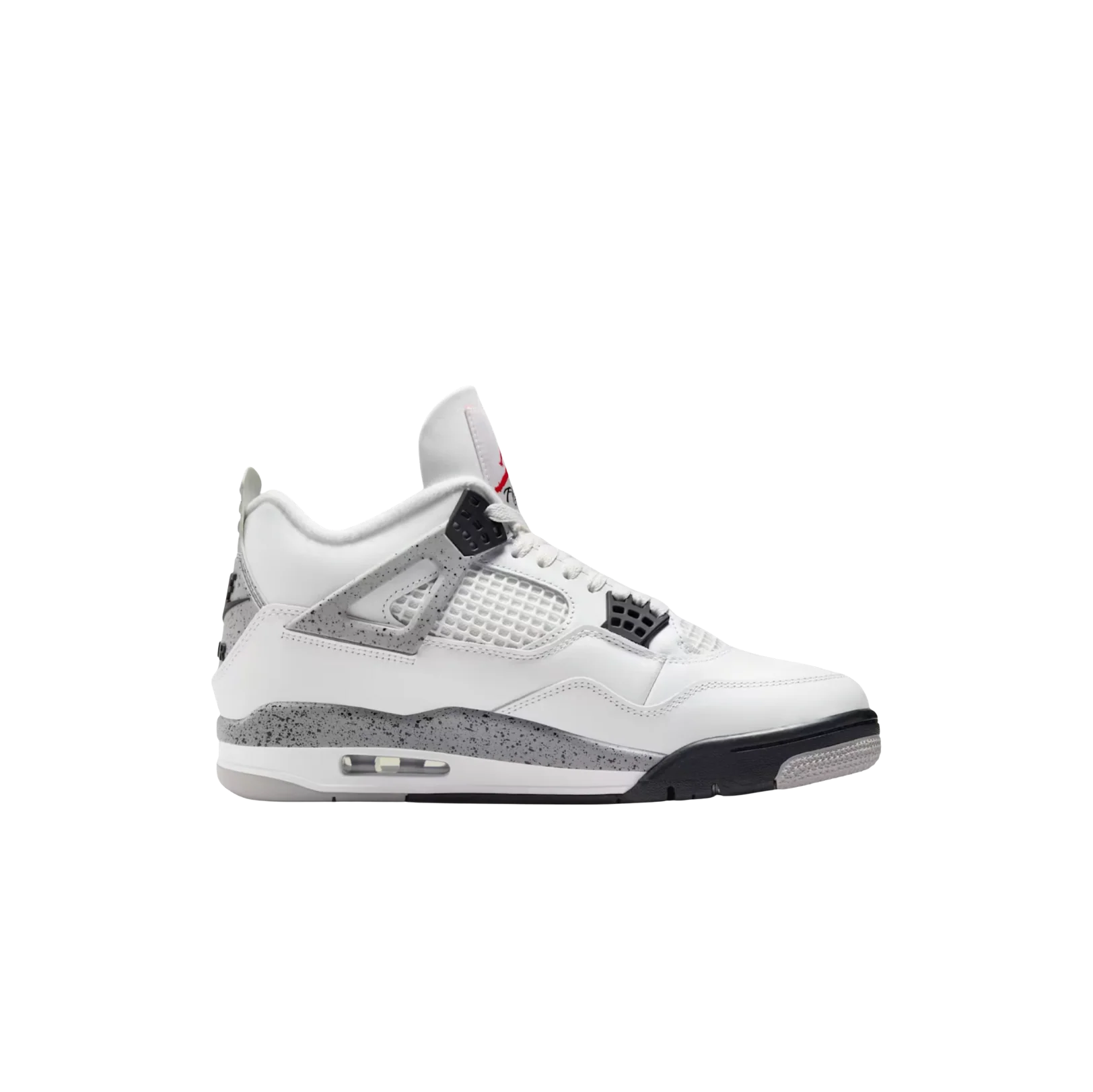 Jordan 4 OG White Cement – vue latérale des baskets rétro en cuir blanc, ailettes “Cement Grey” mouchetées et unité Air visible.